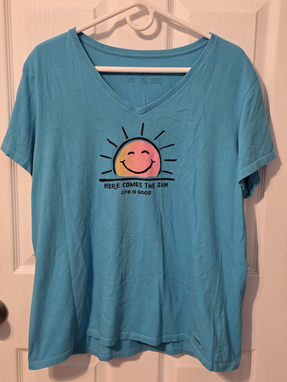 Life Is Good Turquoise Blue Here Comes The Sun Crusher Short Sleeve Tee Size XL